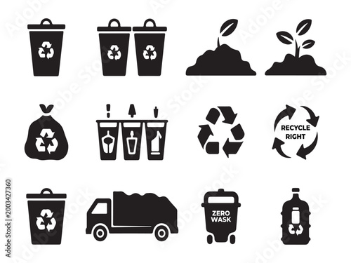 Waste management and recycling silhouette icons for environmental conservation
