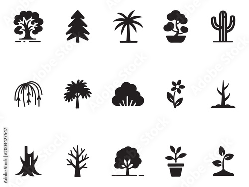Tree and plant silhouette icons for nature and environmental landscape design