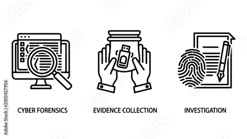 Professional cyber forensics and investigation icons showcasing digital evidence collection fingerprint analysis computer security protocols forensics investigation evidence collection