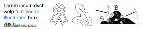 Achievement, cryptocurrency, mining, blockchain, growth, success. A badge with a star, growing plants and a pickaxe mining Bitcoin. Achievement and cryptocurrency visualization concepts