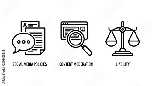 Set of linear business and legal icon illustrations for social media policies content moderation and liability with moderation liability compliance regulation business document magnifying