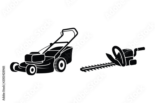Lawn mower and hedge trimmer vector illustration with equipment, maintenance