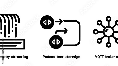 Data stream protocol translator and message broker technical network icons set protocol translator technology computing information internet infrastructure software connection communication