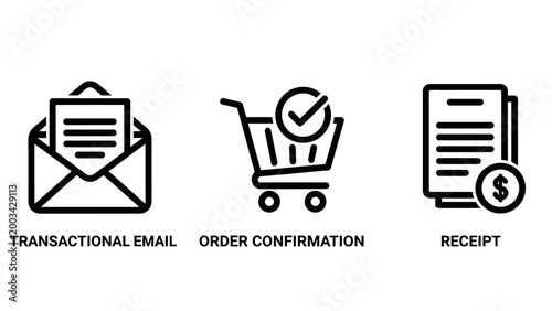 Transactional email order confirmation payment receipt business document icons with transactional confirmation business document shopping commerce management marketing communication purchase
