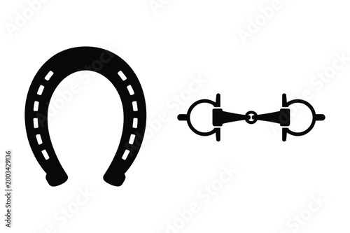 Horseshoe and horse bit illustration with riding tack, animal husbandry