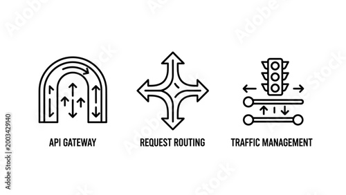 Set of computer network infrastructure icons representing api gateway request routing traffic management concepts management infrastructure communication connection internet technology