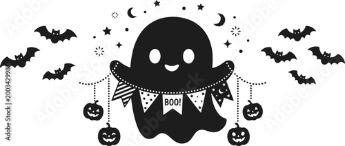 Cute Halloween ghost silhouette with bats and pumpkins, spooky boo character holding bunting flags, kawaii phantom mascot with stars and moon, minimalist black and white festive holiday vector.