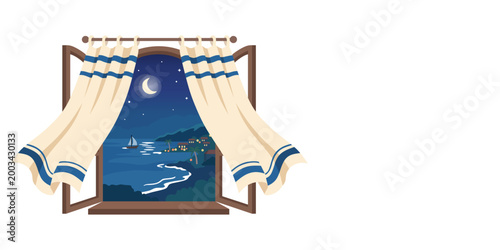 Open window with curtains looking out at night sea view. Tropical beach landscape at night with moon, stars and calm ocean. Relaxing travel concept and interior room background design.
