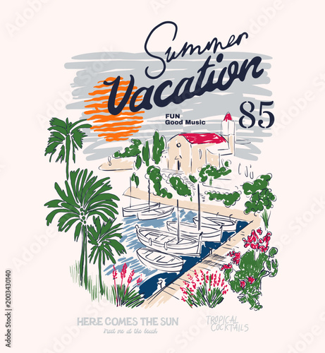 Cuadro en lienzo Tropical Summer Drawing for Amalfi coast illustration