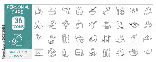 Personal Care icons set. Includes icons for hygiene, skincare, grooming, wellness, beauty, health, routine, and self care. Editable stroke. Line icons. Perfect for apps, websites, and infographics.
