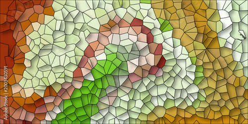 Colorful abstract mosaic with earthy tones of orange yellow green and red irregular polygons and black outlines creating a textured background