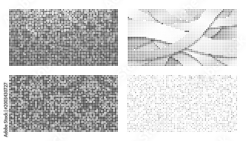 Abstract grayscale digital noise patterns and flowing ribbon design