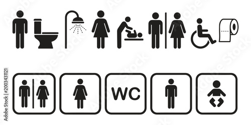 Bathroom and Restroom Sign Icon Set with Unisex WC Symbols in Minimal Black Vector Wayfinding Design