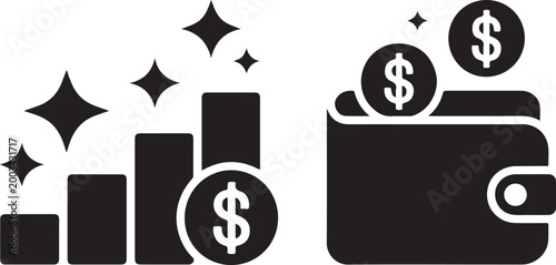 Financial success icons showing money growth bar chart with dollar coins and wallet representing wealth and savings accumulation.
