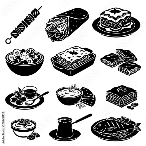 black and white vector silhouette set of greek traditional food