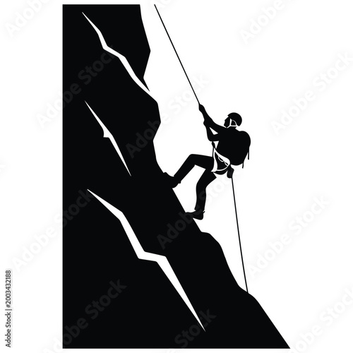 Rock climbing extreme activity vector silhouette illustration of person on steep cliff side.