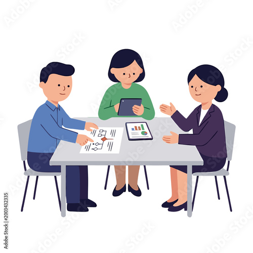 Foto Three Professionals Handling Crisis with Flowchart Document Tablet and Charts at