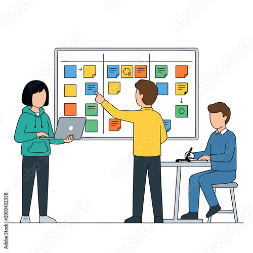 Three Developers Planning Agile Workflow with Kanban Board Sticky Notes and Laptop in Flat Design Vector Illustration on Transparent Background
