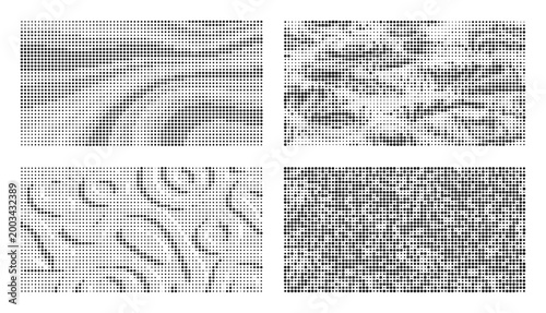 Four abstract monochrome digital patterns with pixelated textures and organic shapes