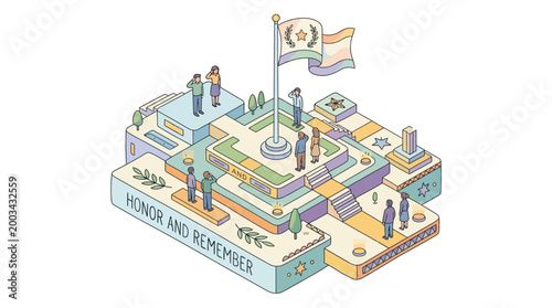 A solemn memorial day honor for patriot soldiers, depicting a ceremonial celebration of remembrance in a vibrant vector banner illustration