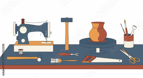 Flat lay of various artisanal tools and equipment on a workbench including a sewing machine and pottery tools.