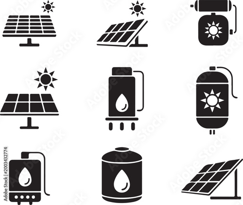 Solar energy icons set featuring photovoltaic panels water heaters storage tanks and sun energy symbols for green power concept.
