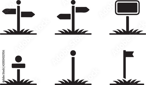 Set of black vector icons depicting various signs and posts on transparent background for directions and information.