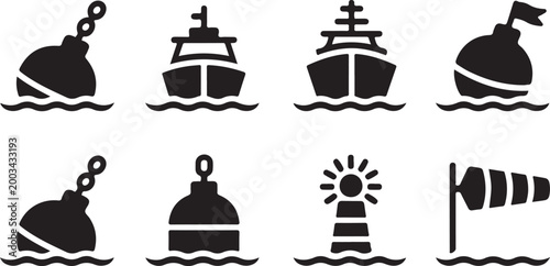 Maritime navigation vessels and sea markers collection featuring ships lighthouses buoys and windsock for nautical traffic control.