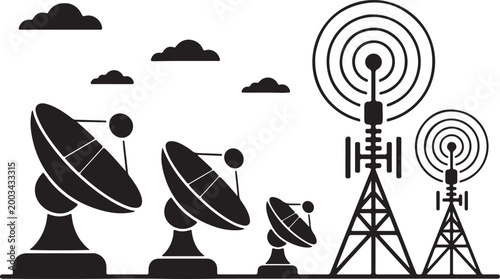 Communication technology icons with satellite dishes, broadcast antenna towers and clouds on clear background.