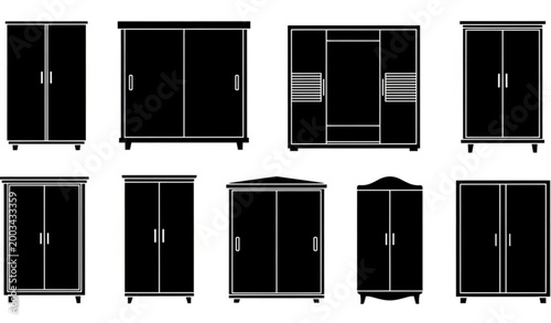 Minimal wardrobe and almirah silhouette icons collection vector illustration