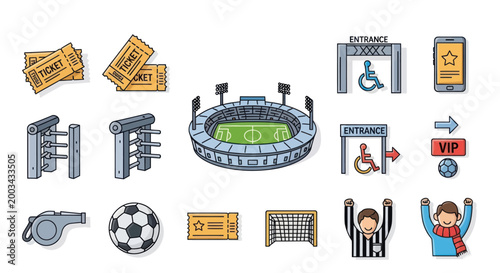 Sports Stadium Icons: Tickets, Entrance, VIP Pass, Soccer Ball, Referee, Fans