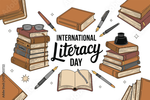 International literacy day illustration with vintage books stacks fountain pens inkwell and glasses on transparent grid background.