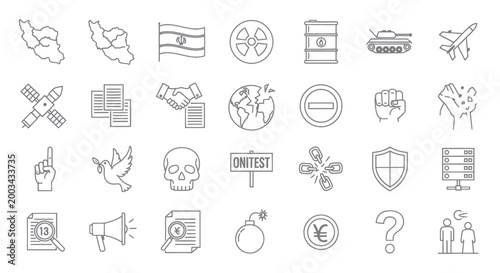 Iran Conflict, Politics, Economy, Military, Nuclear, Sanctions, Diplomacy Icons Set