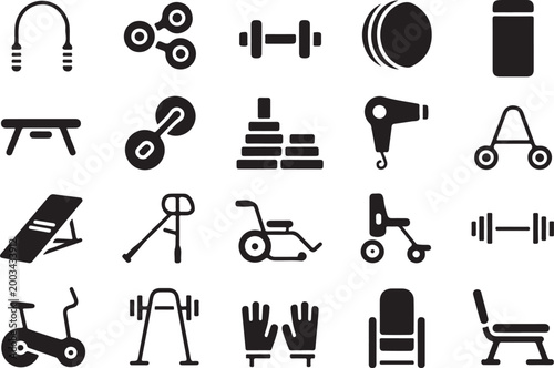 Gym equipment fitness objects and sports accessories like dumbbells barbells skipping rope and exercise machines for health and wellness.