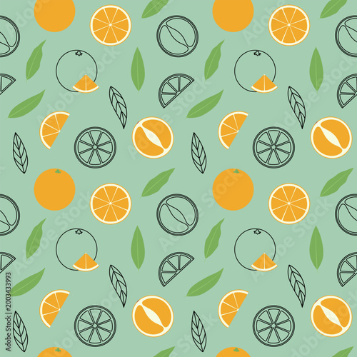 Seamless pattern of oranges. Background of citrus fruits. Vector illustration.
