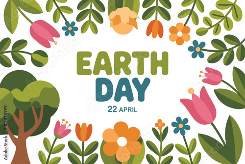 Earth day celebration background with colorful floral frame and green tree on transparent grid for environmental awareness event.