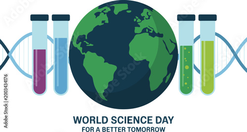 World science day celebration showing earth globe with colorful test tubes and genetic dna helix structure isolated on transparent.