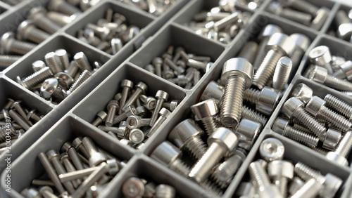 Tableau sur toile Metal fasteners in organizer box close up with selective focus