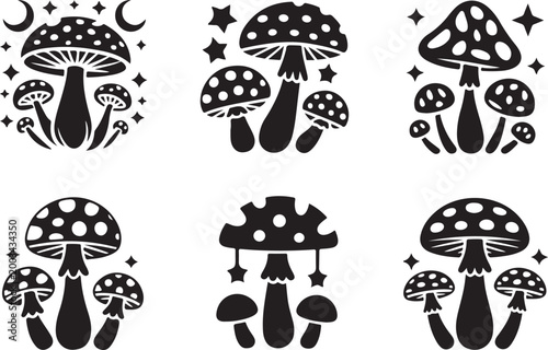 Magic mushroom silhouette collection featuring mystical fungus illustrations with celestial moon stars and whimsical forest vibes.