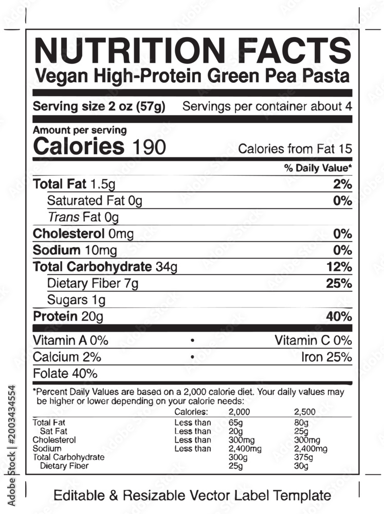 Fototapeta premium Vegan high protein green pea pasta nutrition label