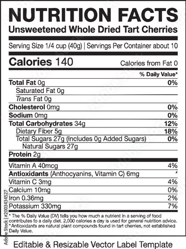 Unsweetened whole dried tart cherries facts label