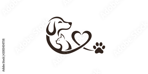 Canvastavla Line art illustration of a dog cat heart and paw print on a white background