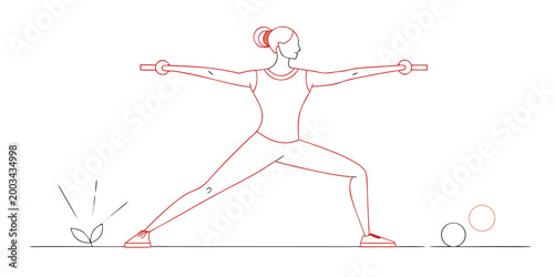 Line art illustration of a woman practicing yoga in warrior two pose on a white background