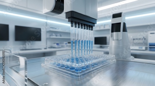Automated laboratory robot dispensing blue reagent into microplate wells