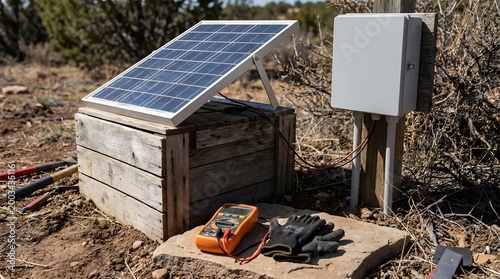 solar panel maintenance area with tools and equipment outdoors