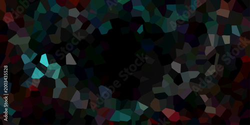 Dark abstract mosaic with vibrant jewel-toned polygons and a central dark void for graphic design elements