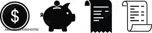 Black icons of dollar coin, piggy bank, receipt, and bill