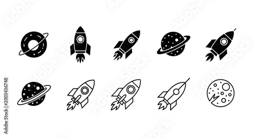 Space rocket and planet icons set