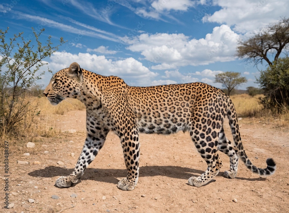 Fototapeta premium leopard walking, side composition, empty space ahead