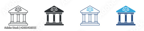 Court building icon set. justice palace with scales symbol. law and legal institution concept. vector illustration.